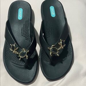 OKA b. Black Sandals with Gold Turtle Detail